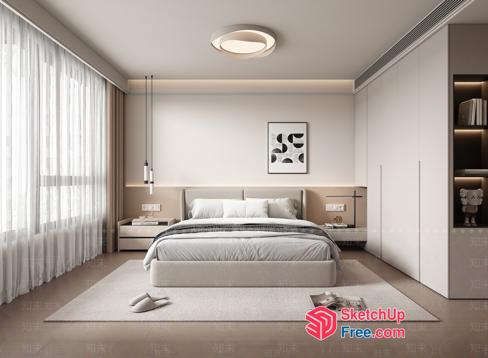 Modern Minimalist Bedroom With White And Beige Color Scheme 3D SketchUp File