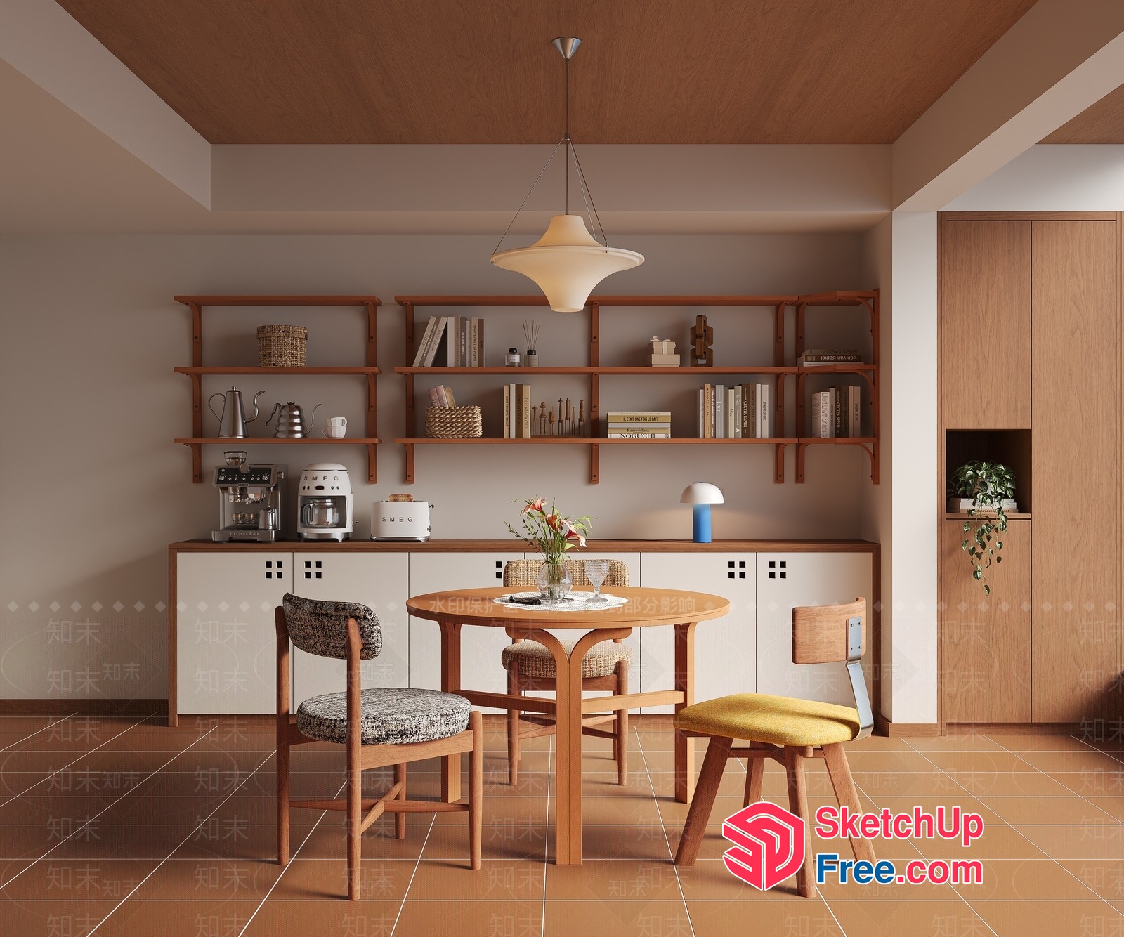 Modern Minimalist Dining Room With Wooden Furniture And Decor 3D SketchUp File