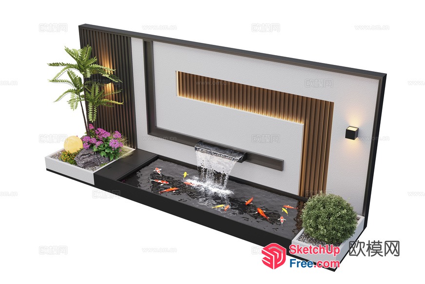 Modern Minimalist Waterfall Feature With Koi Fish 3D SketchUp File