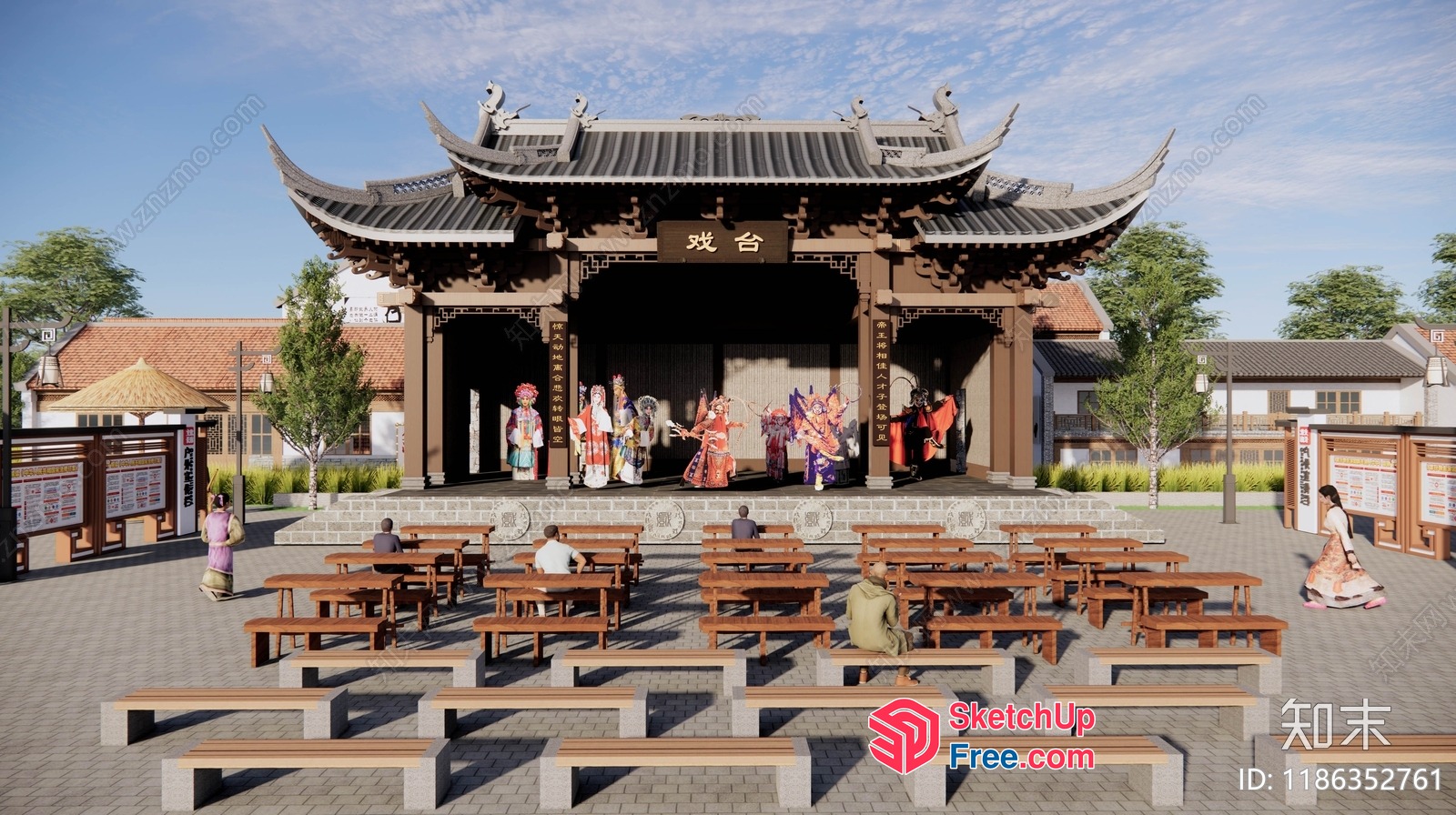 Traditional Chinese Stage With Ornate Roof And Audience Seating 3D SketchUp File