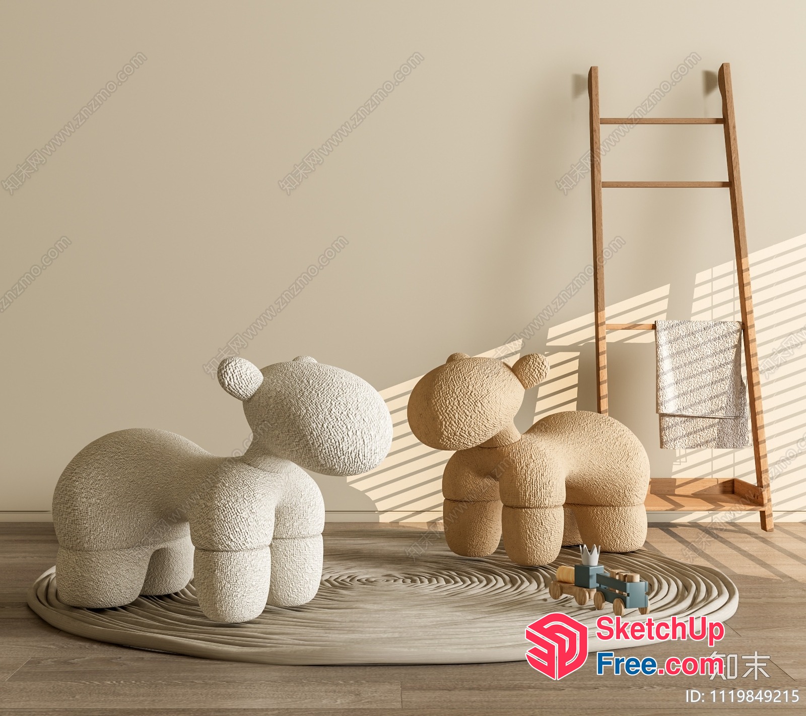 Two Stuffed Animals And A Ladder In A Minimalist Room 3D SketchUp File