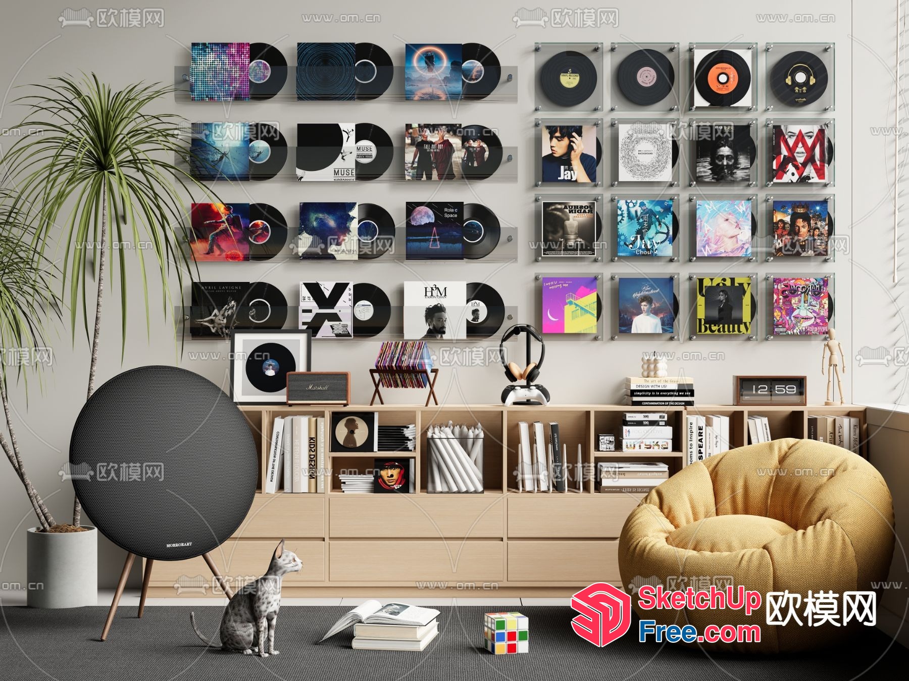 Modern Interior With Vinyl Records And Bookshelf 3D SketchUp File