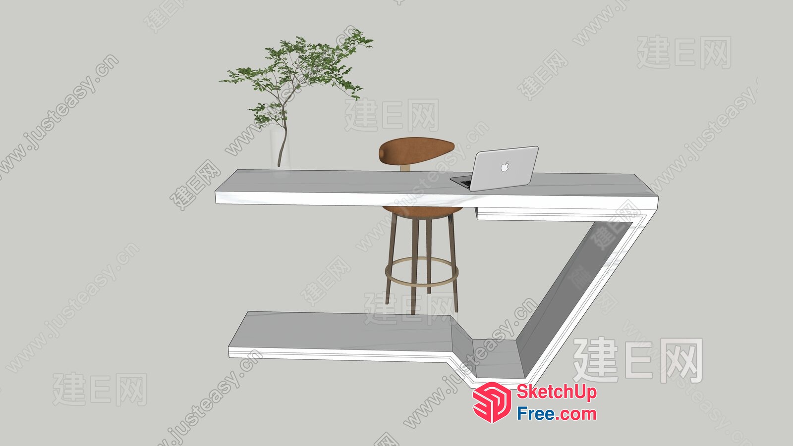 Modern Minimalist Desk And Stool Set With Laptop And Plant 3D SketchUp File