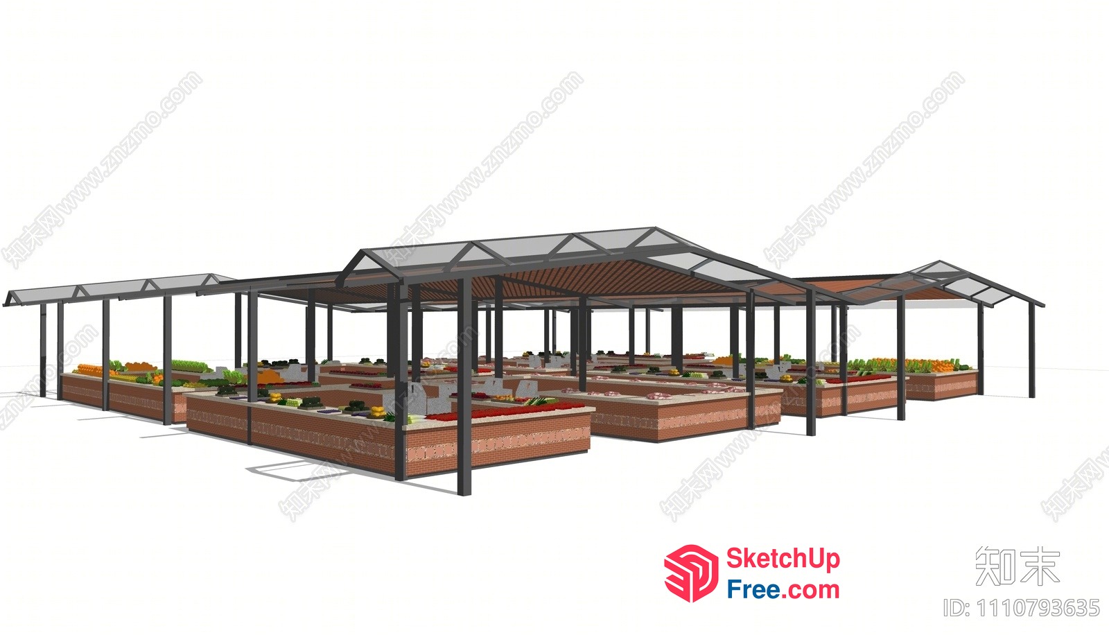 Outdoor Food Market With Glass Roofs And Planters 3D SketchUp File