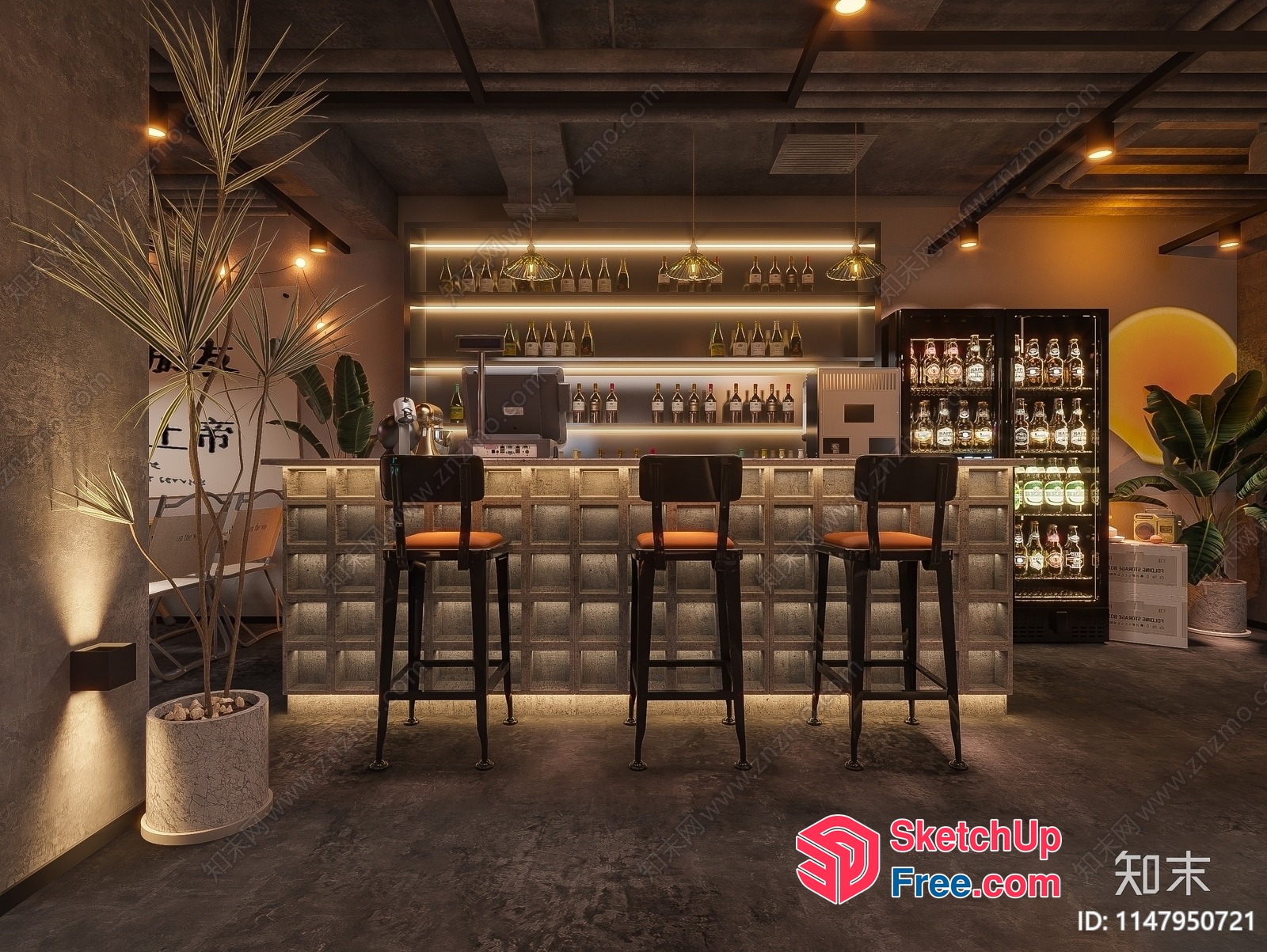 Modern Industrial Style Bar And Restaurant Interior 3D SketchUp File