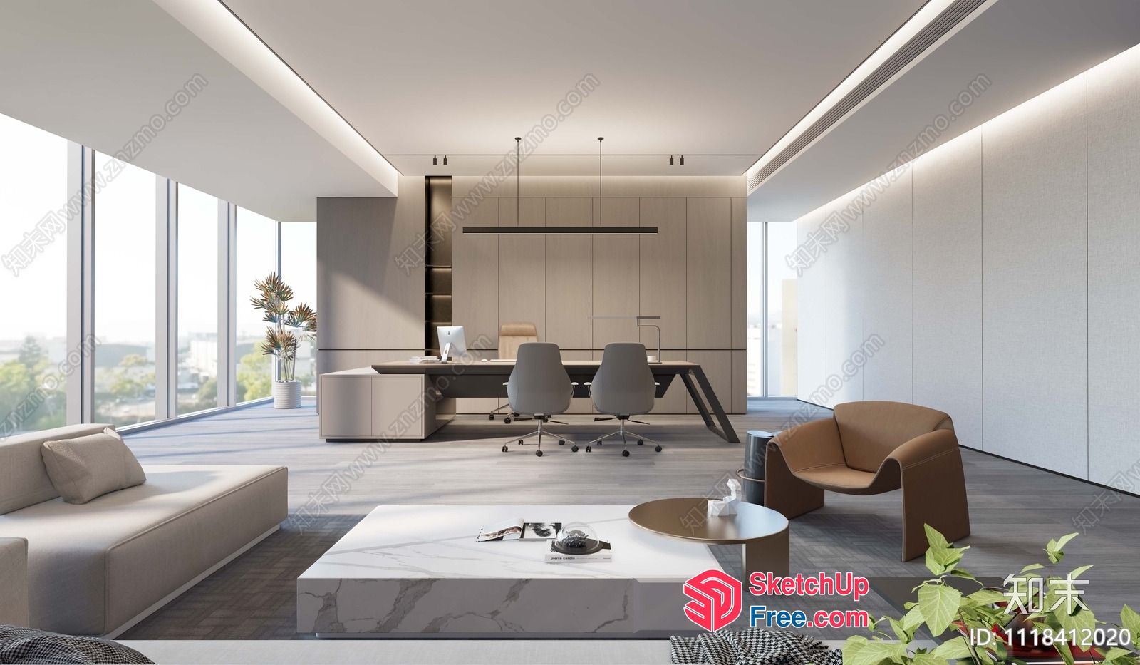 Modern Minimalist Office Space With Large Windows And Marble Coffee Table 3D SketchUp File