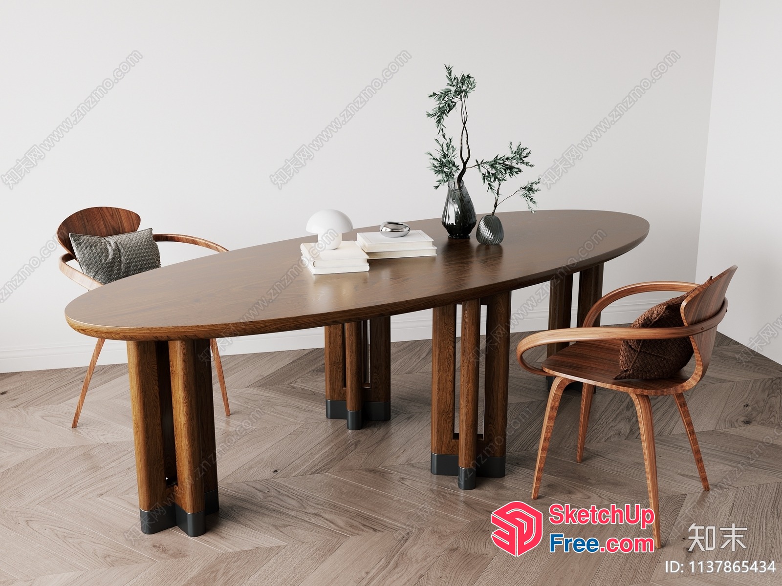 Modern Oval Wooden Dining Table With Two Chairs 3D SketchUp File