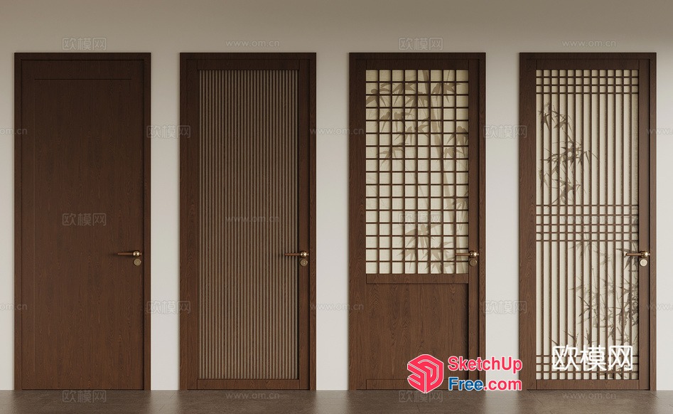 Four Wooden Doors With Unique Decorations 3D SketchUp File
