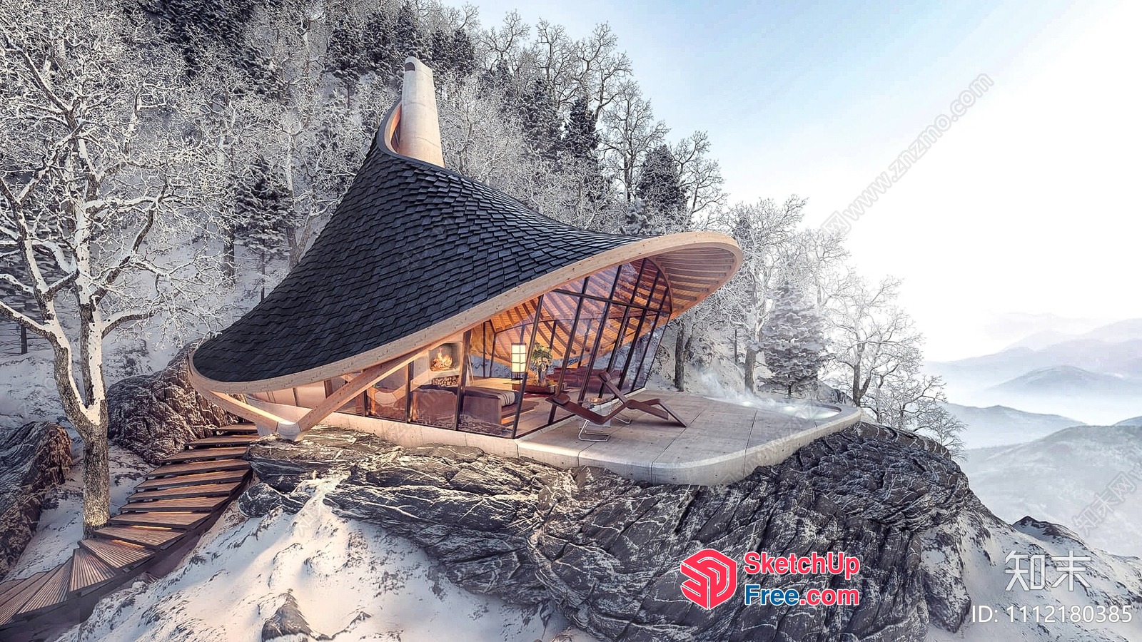 Curved Roofline Modern Villa In Snowy Mountain Landscape 3D SketchUp File