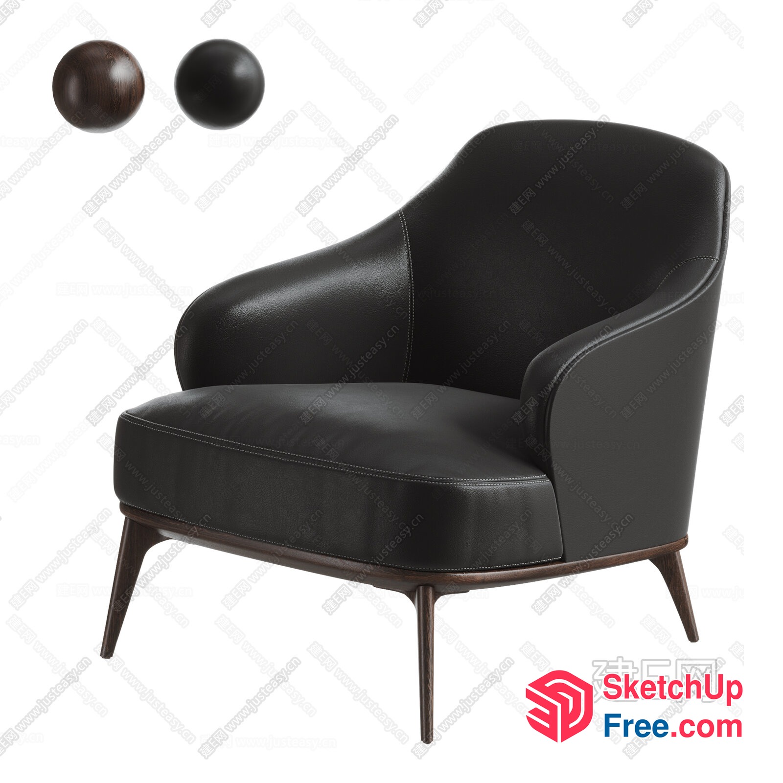 Elegant Black Leather Armchair With Wooden Legs 3D SketchUp File