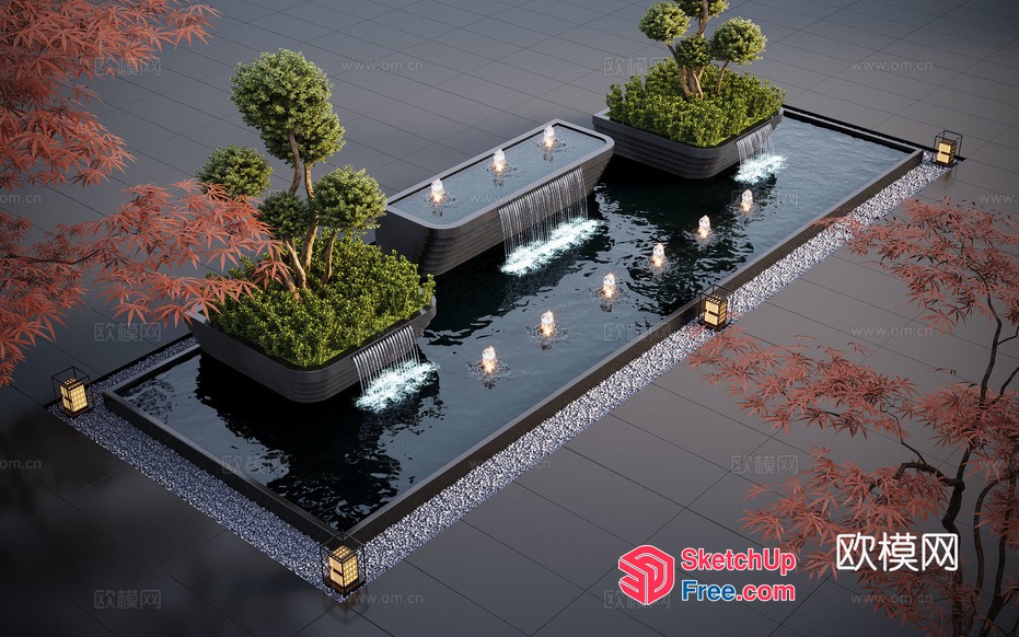 Modern Water Feature With Potted Plants And Lanterns 3D SketchUp File
