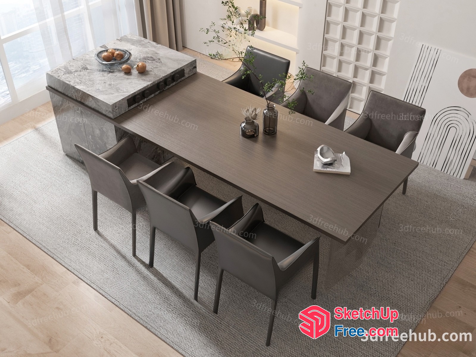 Modern Dining Room With Long Table And Gray Chairs 3D SketchUp File