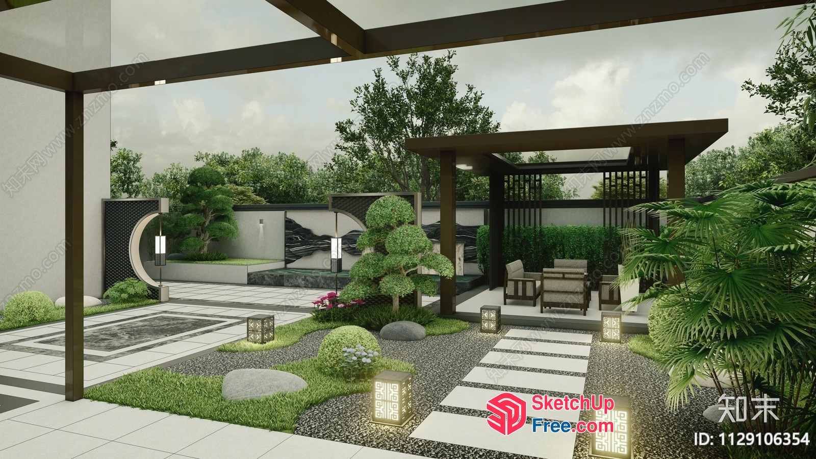 Modern Japanese-Inspired Garden Design With Water Feature 3D SketchUp File