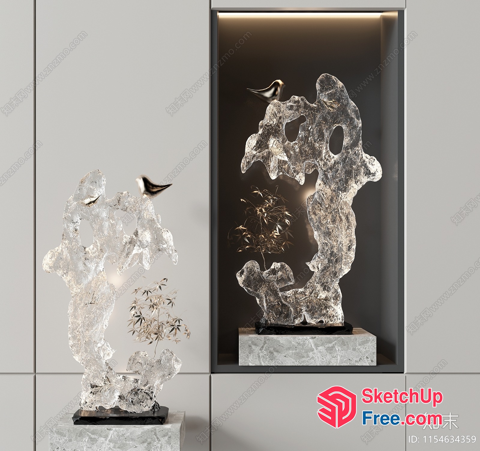 Modern Glass Sculpture With Bird And Plant 3D SketchUp File