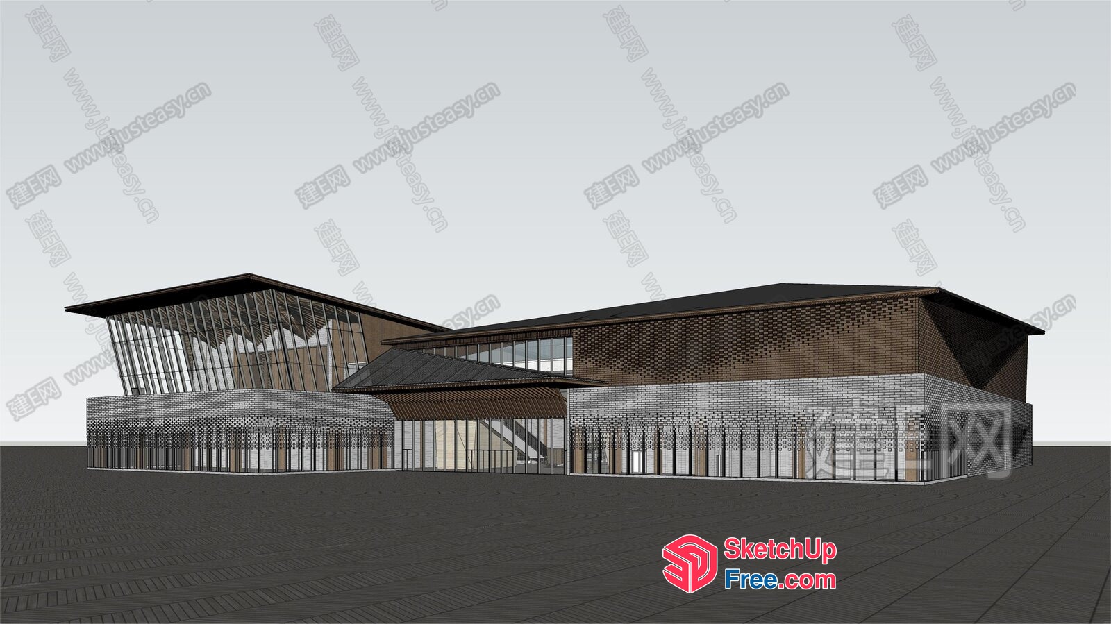 Modern Building Exterior With Glass Curtain Wall And Brick Facade 3D SketchUp File