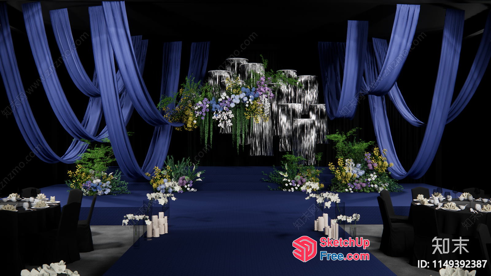 Elegant Blue And White Floral Arrangement In A Dark Room 3D SketchUp File