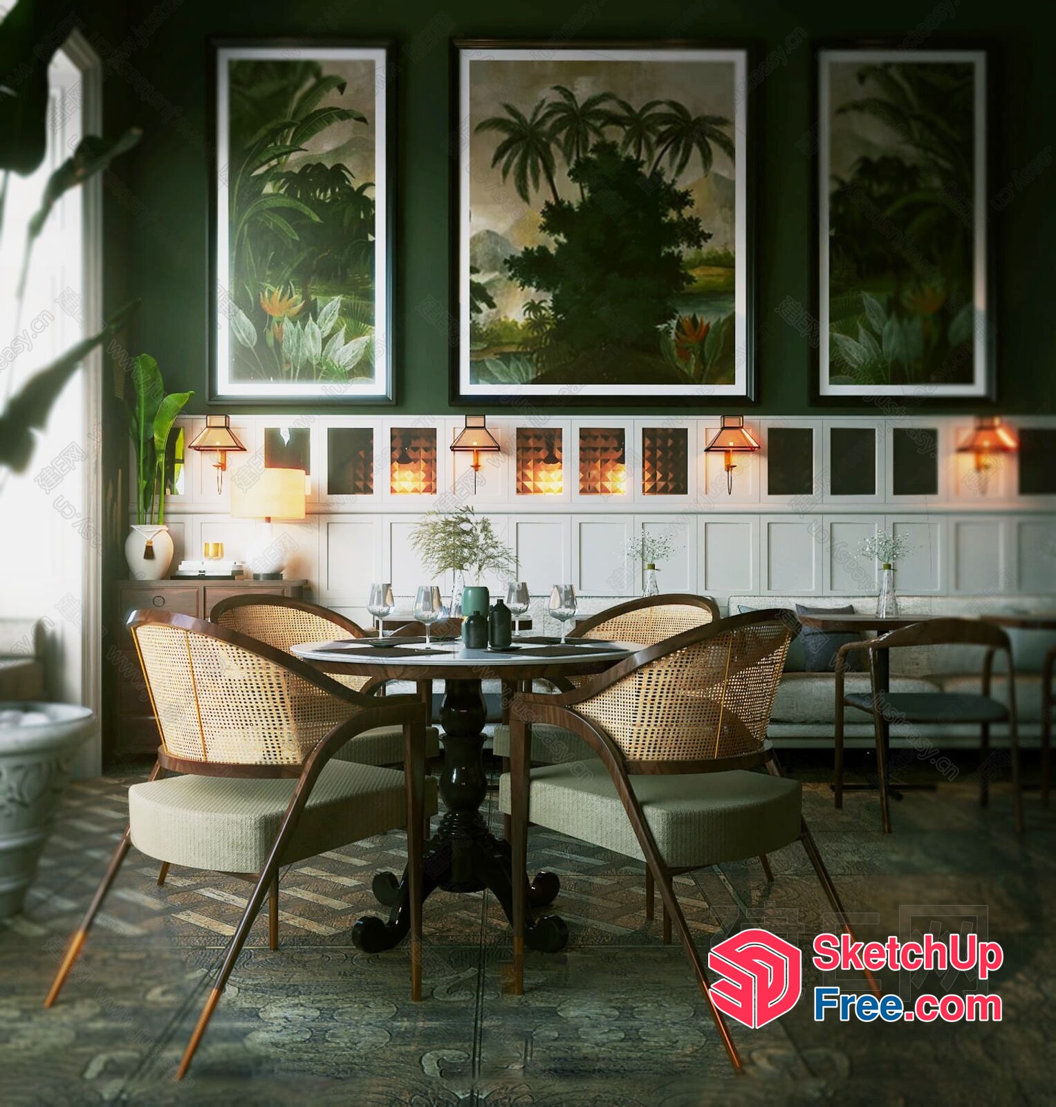 Elegant Tropical Dining Room With Dark Wood Accents 3D SketchUp File
