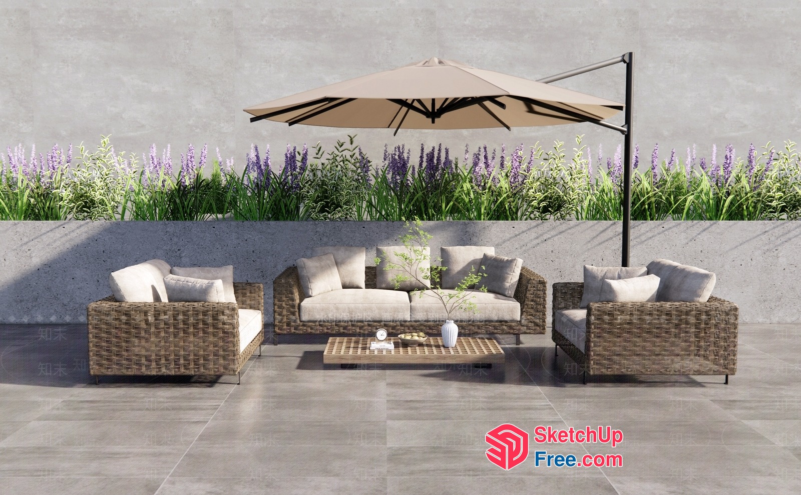 Outdoor Living Space With Rattan Furniture And Umbrella 3D SketchUp File