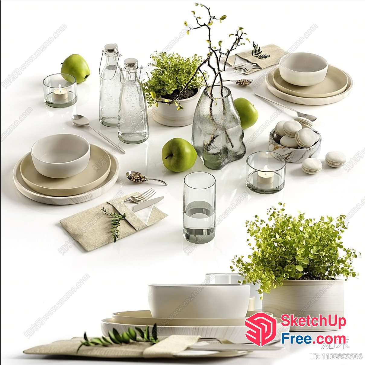 Elegant Table Setting With Greenery And White Decor 3D SketchUp File