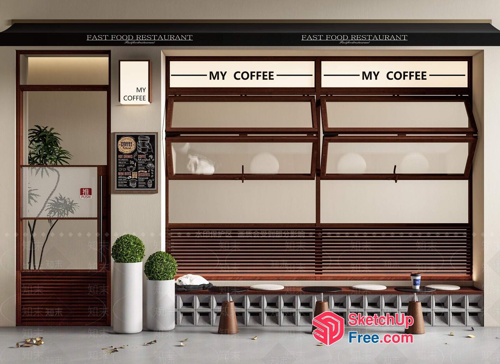 Modern Coffee Shop With Sleek Wood Accents 3D SketchUp File