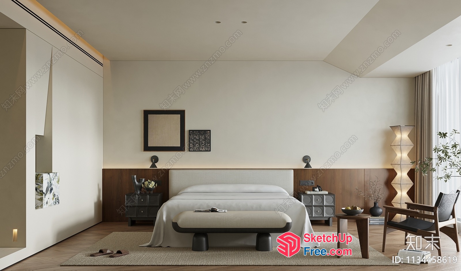 Minimalist Japanese Style Bedroom With Natural Wood Accents 3D SketchUp File