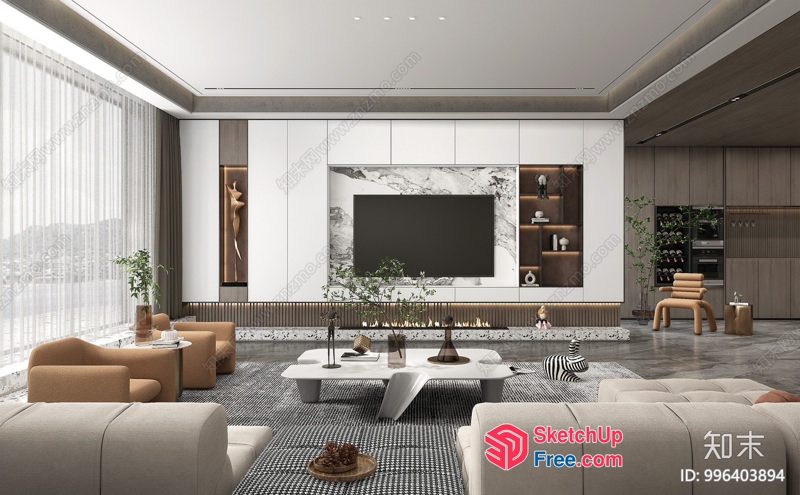 Elegant Modern Living Room With White And Brown Accents 3D SketchUp File
