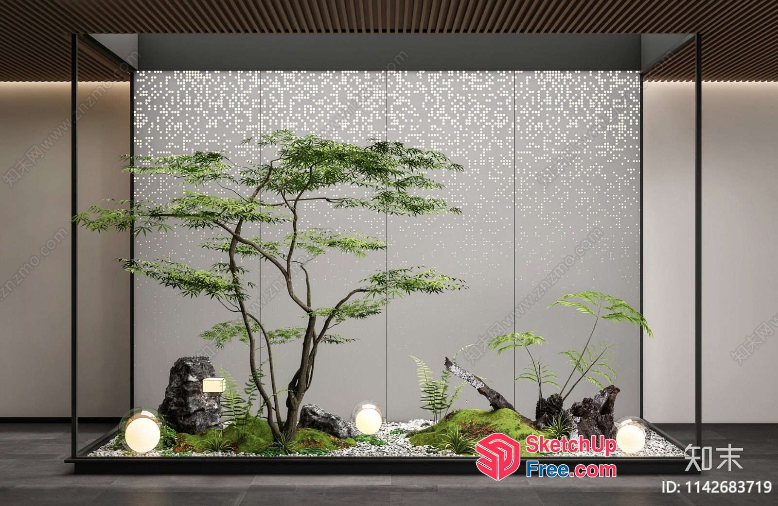 Japanese Style Glass Curtain Wall With Tree And Rock Decor 3D SketchUp File