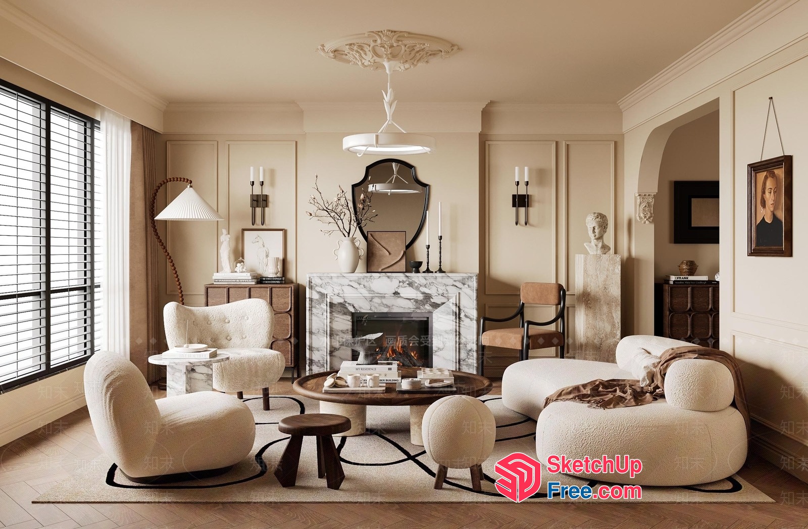 Elegant Living Room With Creamy Style And Marble Fireplace 3D SketchUp File