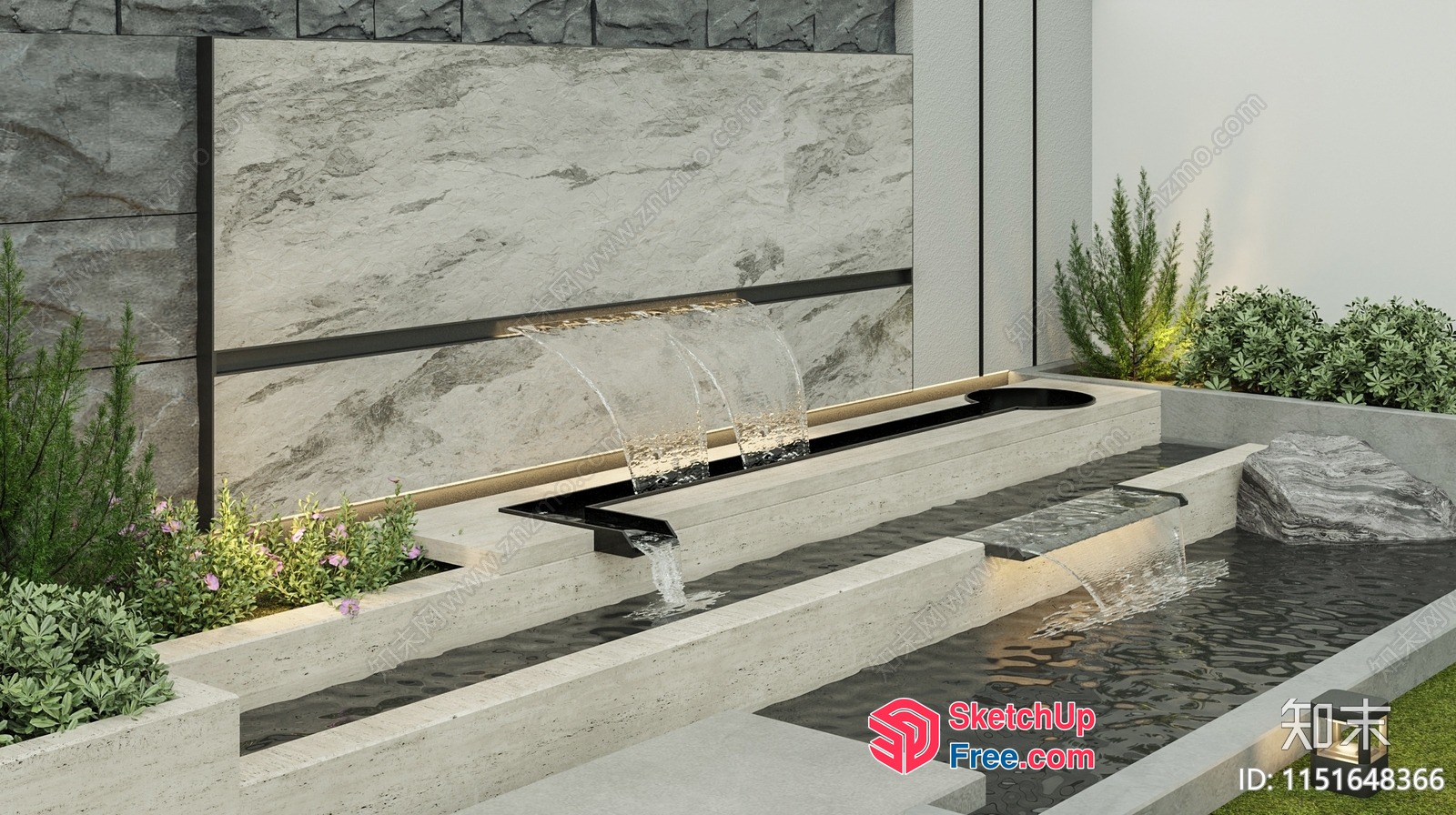 Modern Water Feature With Staircase And Plants 3D SketchUp File