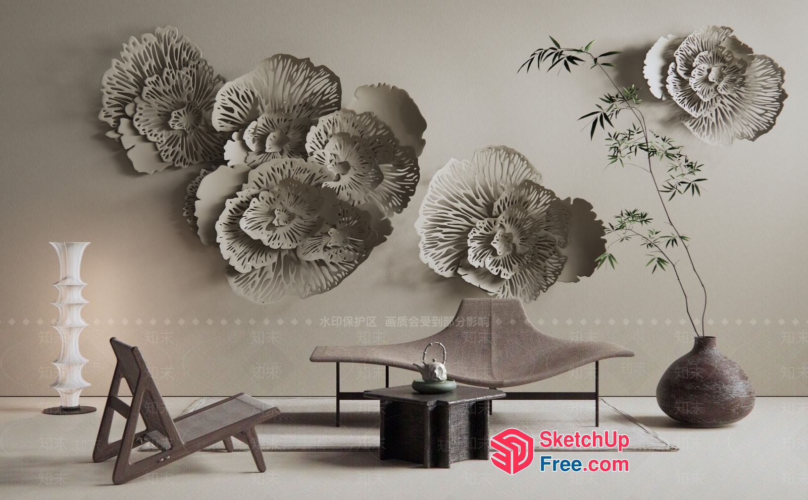 Elegant Contemporary Minimalist Japanese Style Living Room 3D SketchUp File