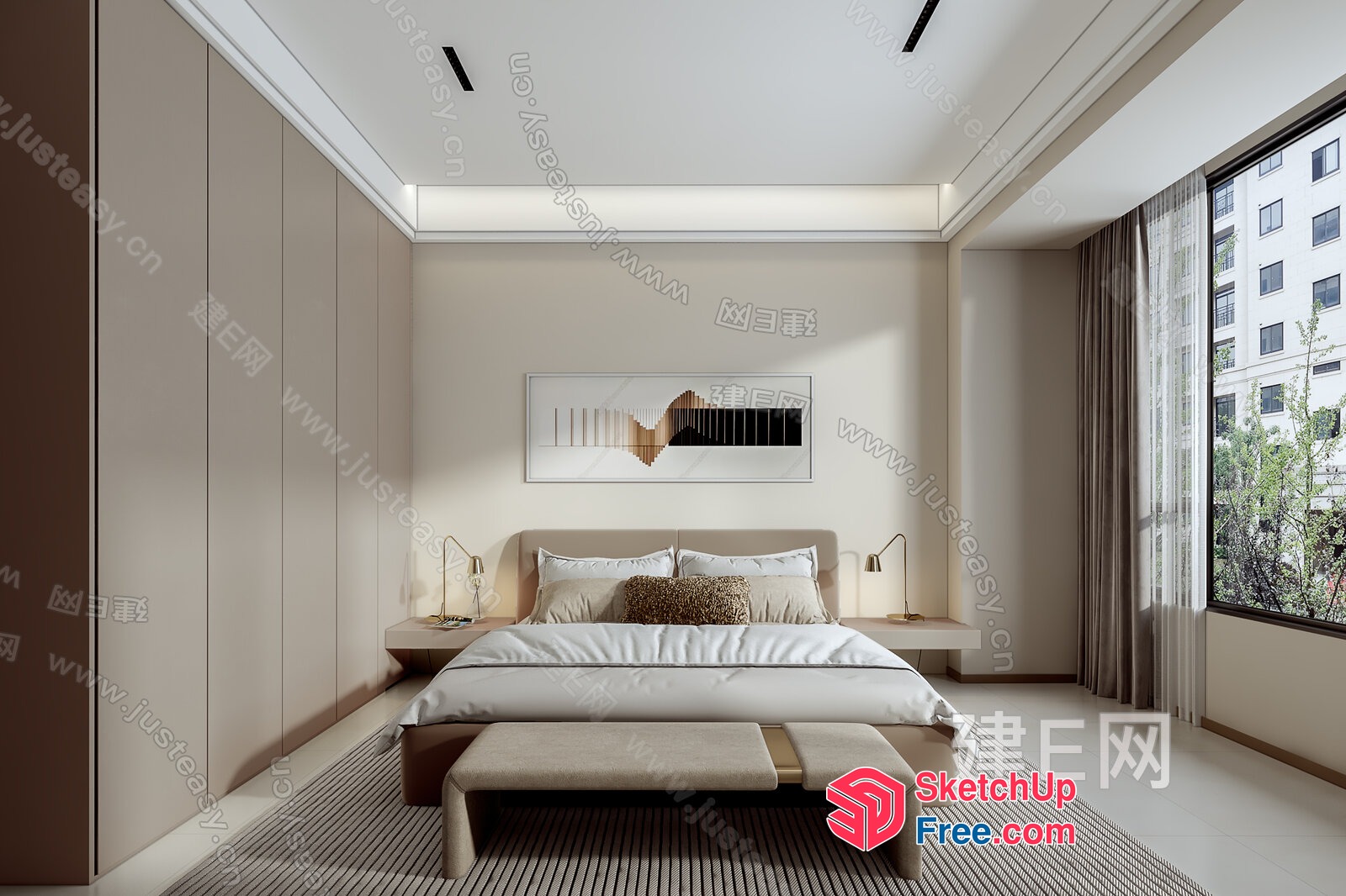 Minimalist Japanese Style Bedroom With Elegant Bed And Bedside Tables 3D SketchUp File