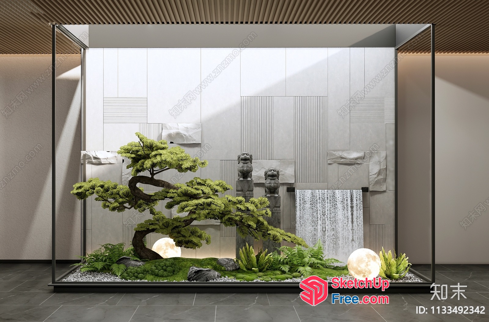 Modern Zen Garden With Waterfall And Bonsai Tree 3D SketchUp File