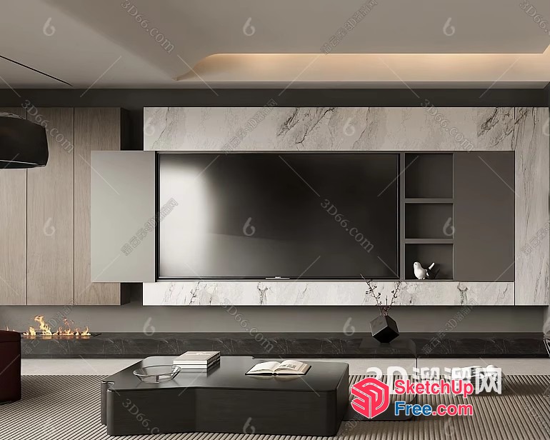 Modern Living Room With Marble Tv Wall And Fireplace 3D SketchUp File