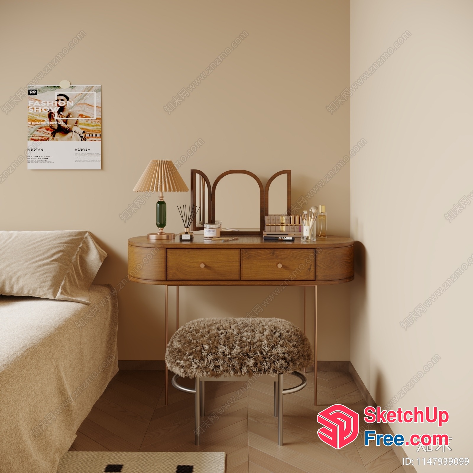 Elegant And Cozy Bedroom With A Dressing Table 3D SketchUp File