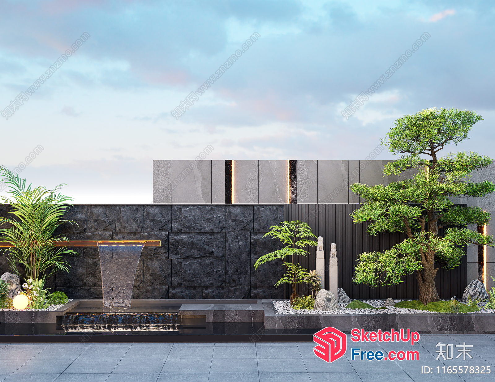 Modern Japanese-Inspired Garden With Water Feature 3D SketchUp File