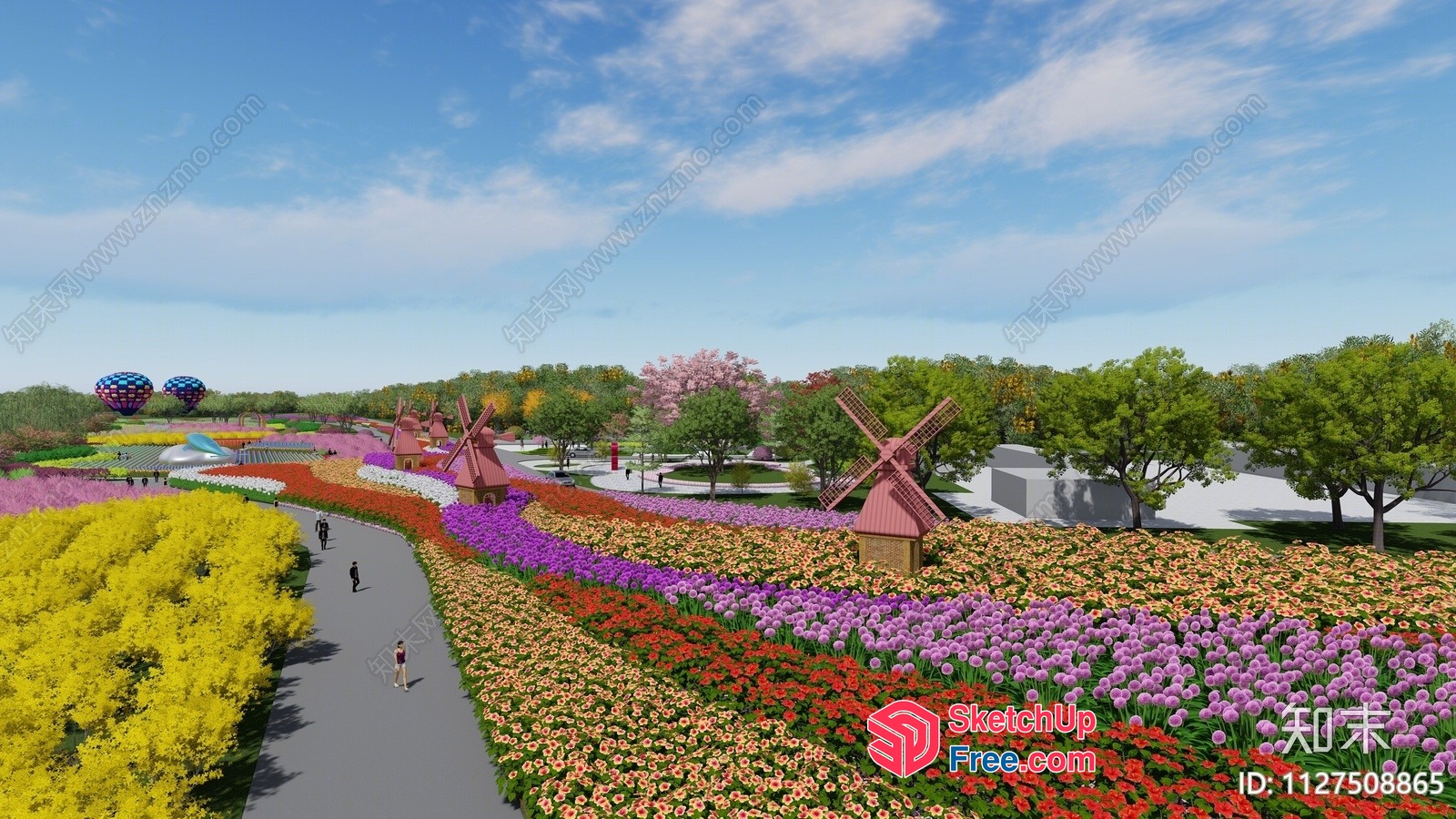 Colorful Flower Garden With Windmills And Pathway 3D SketchUp File