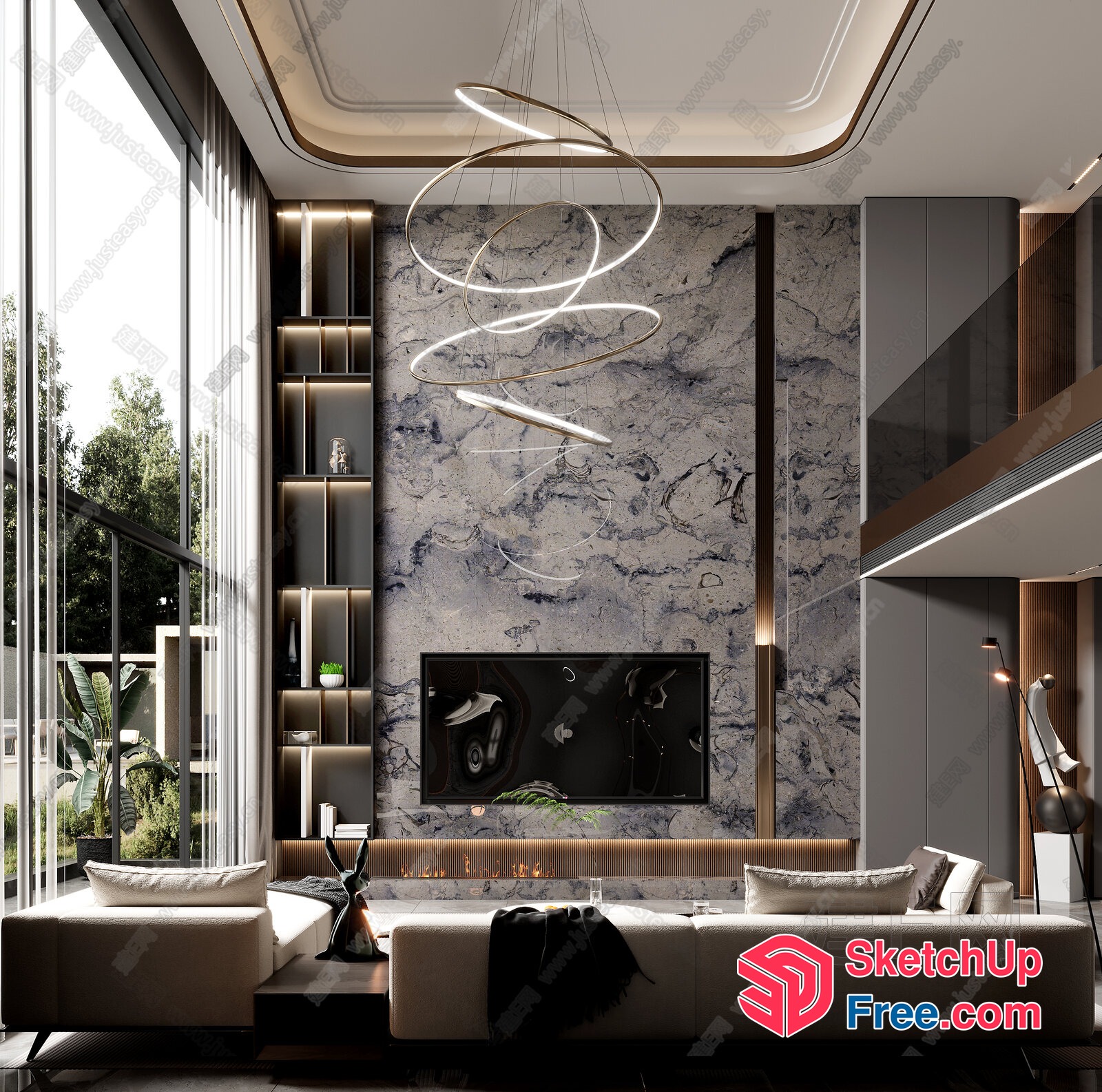 Modern Living Room With Sleek Fireplace And Marble Wall 3D SketchUp File