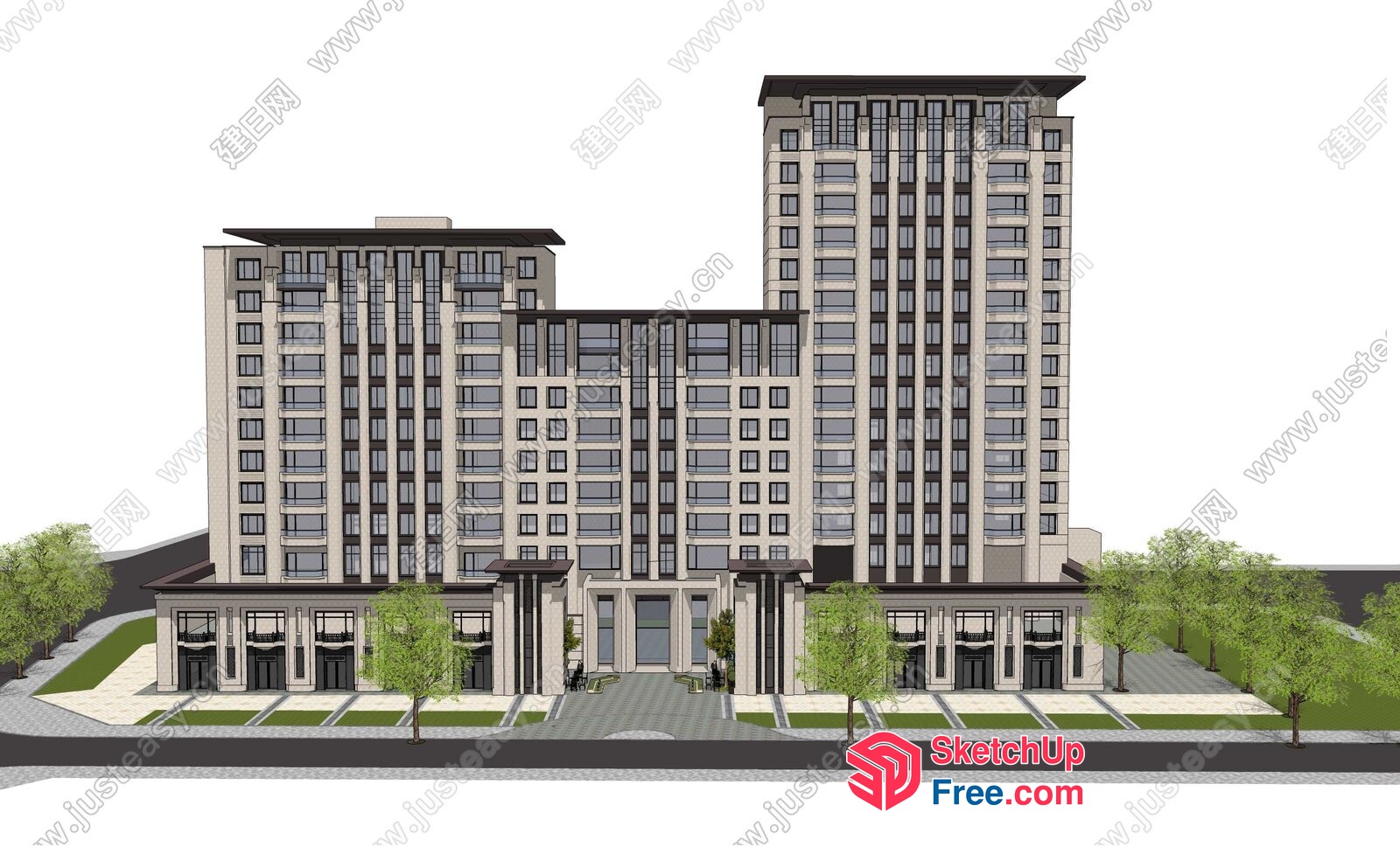 Modern Apartment Building With Glass Curtain Wall 3D SketchUp File
