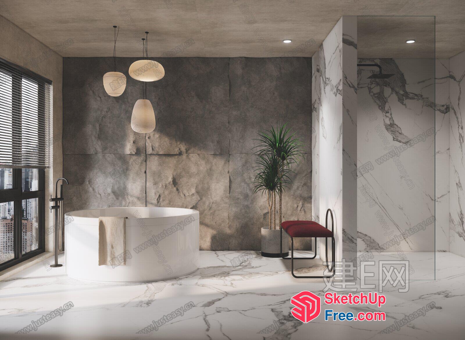 Modern Bathroom With White Tub And Marble Floor 3D SketchUp File