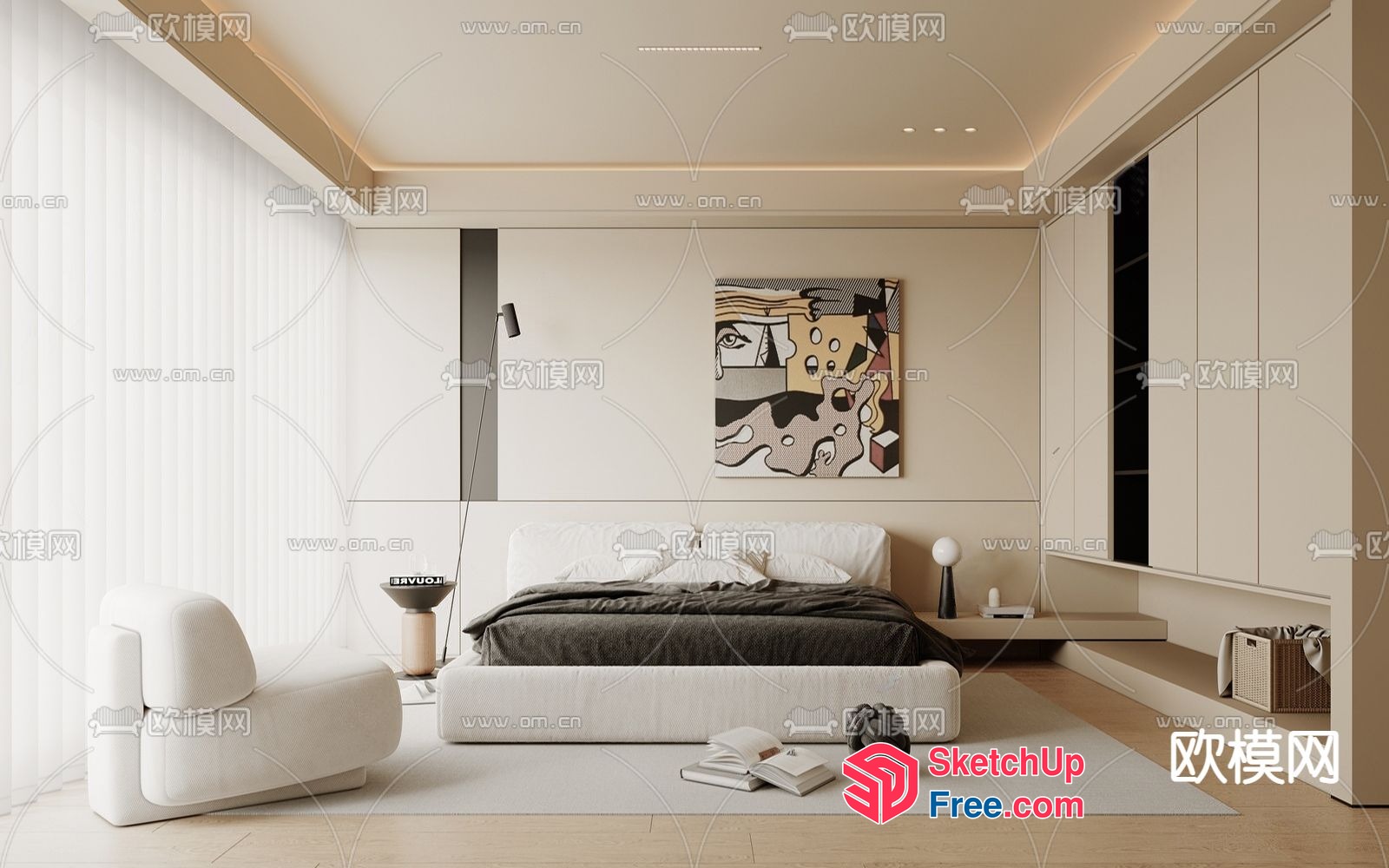 Minimalist Style Bedroom With Creamy Style Accents 3D SketchUp File
