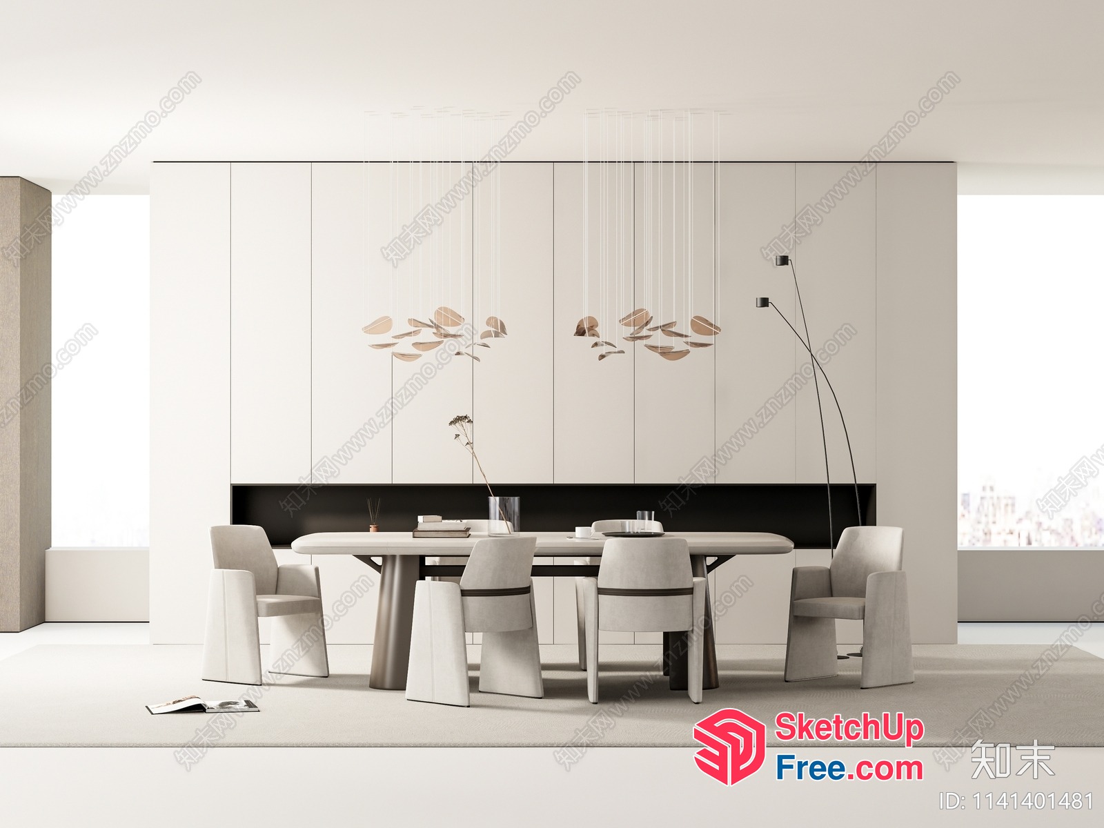 Minimalist White Dining Room With Modern Lighting 3D SketchUp File