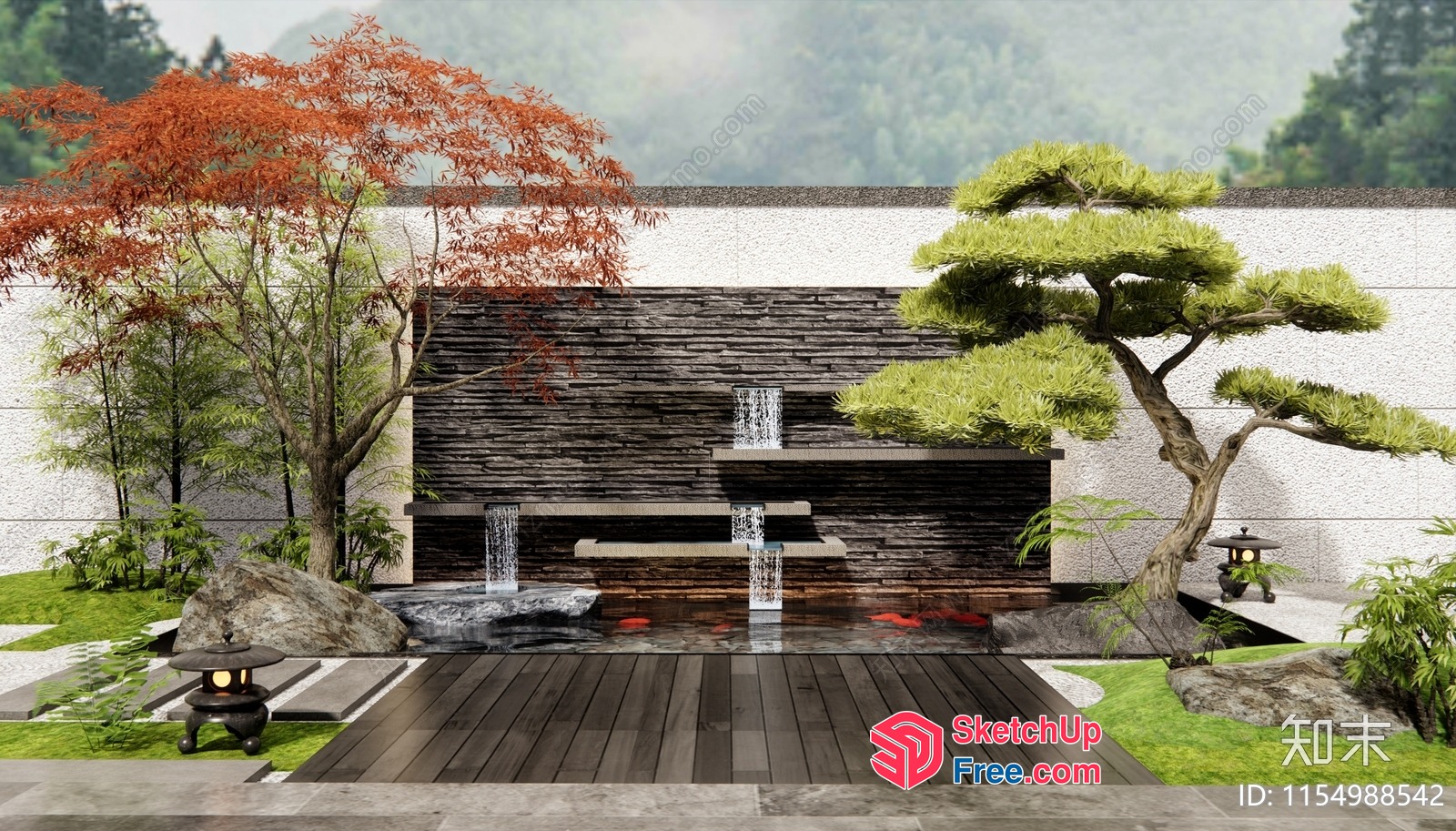 Japanese Style Water Feature And Koi Pond 3D SketchUp File