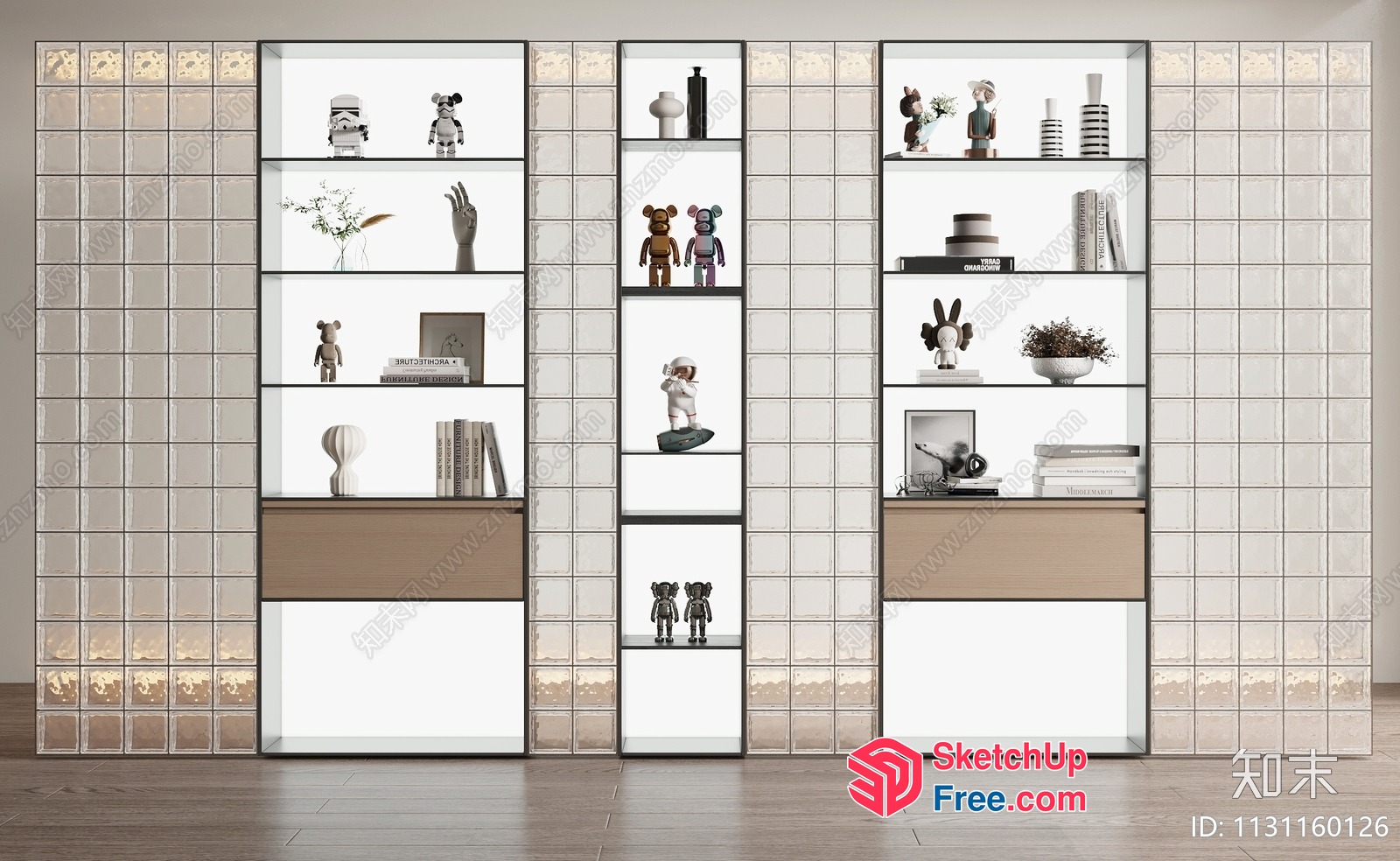 Modern Glass Brick And Wooden Shelf Decor 3D SketchUp File