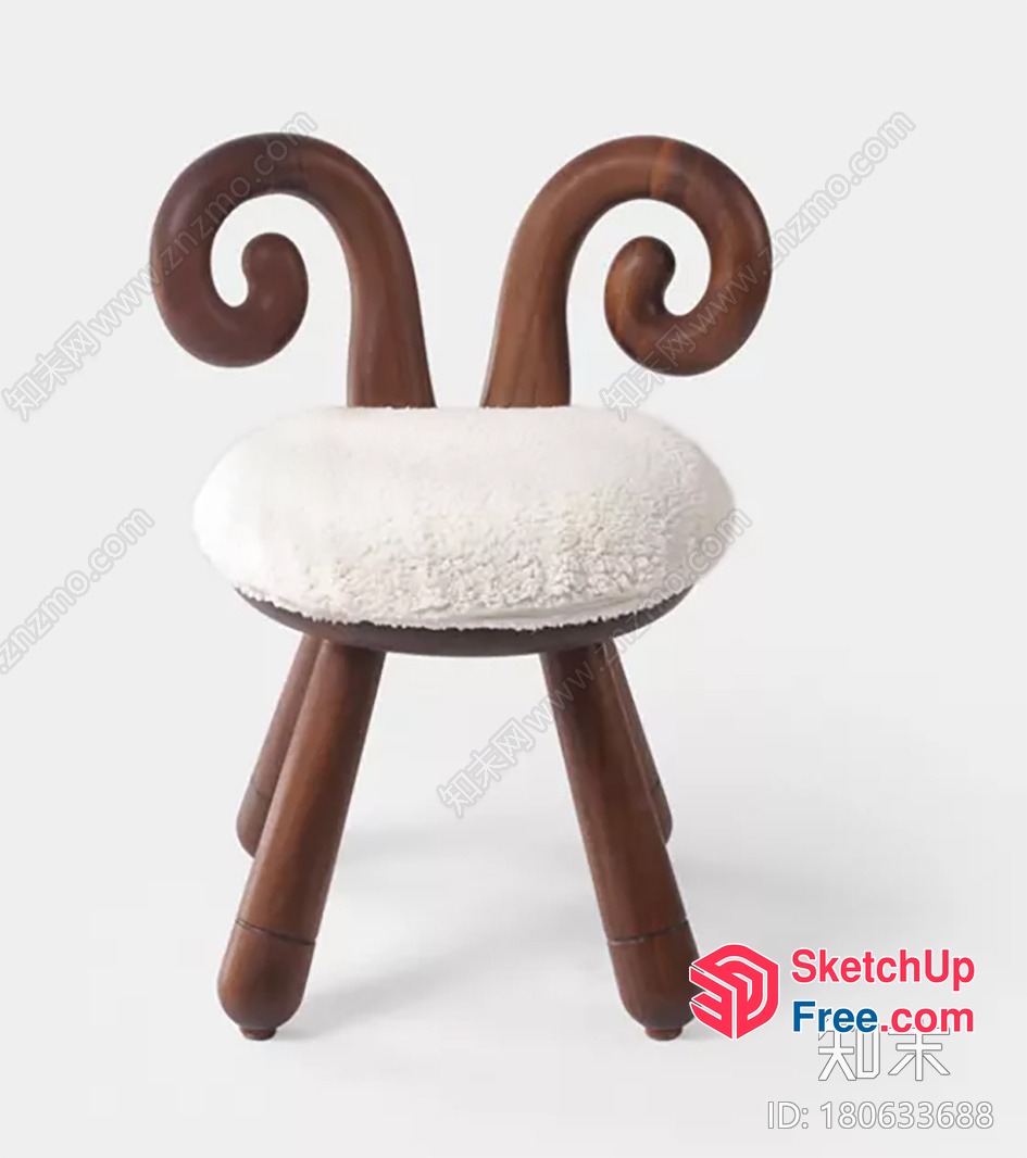 Animal-Style Wooden Chair With Curved Legs And White Seat Cushion 3D SketchUp File