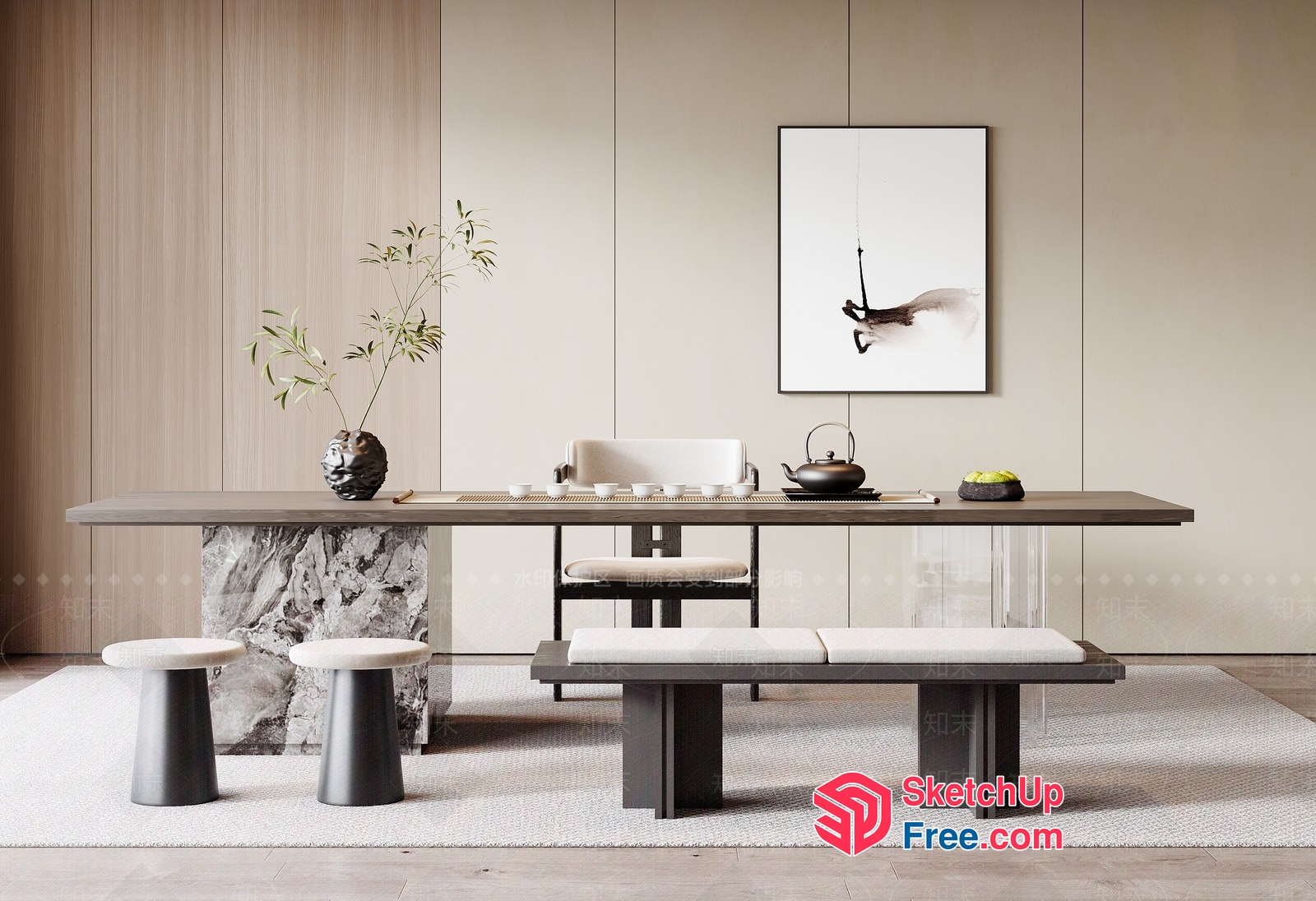 Modern Japanese-Inspired Minimalist Dining Room 3D SketchUp File