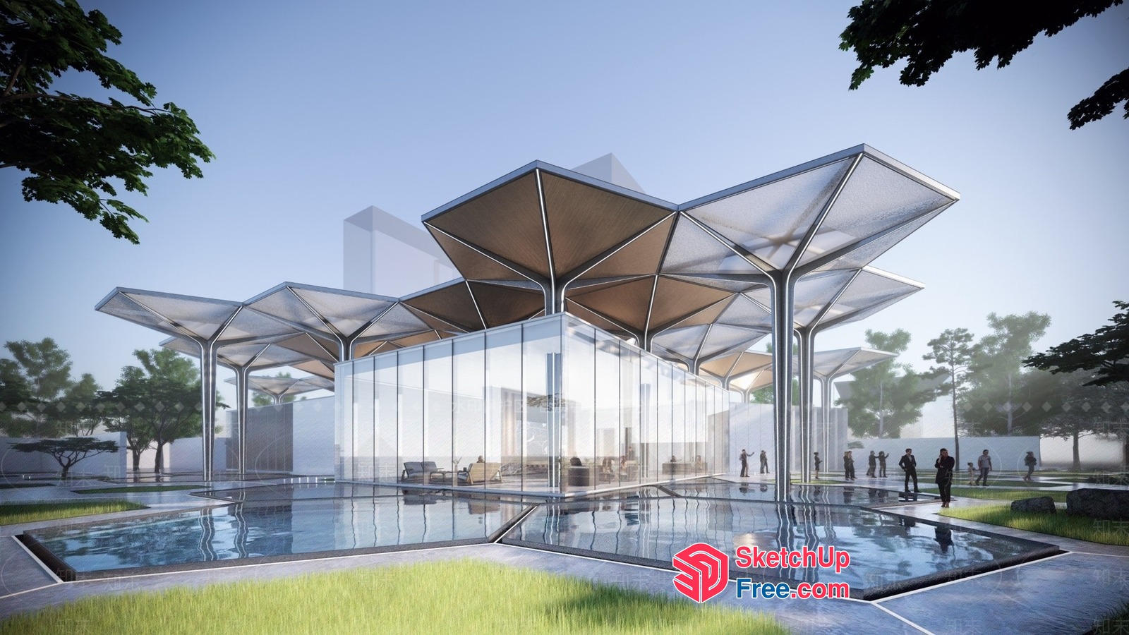 Modern Glass Building With Unique Roof Synthesis 3D SketchUp File
