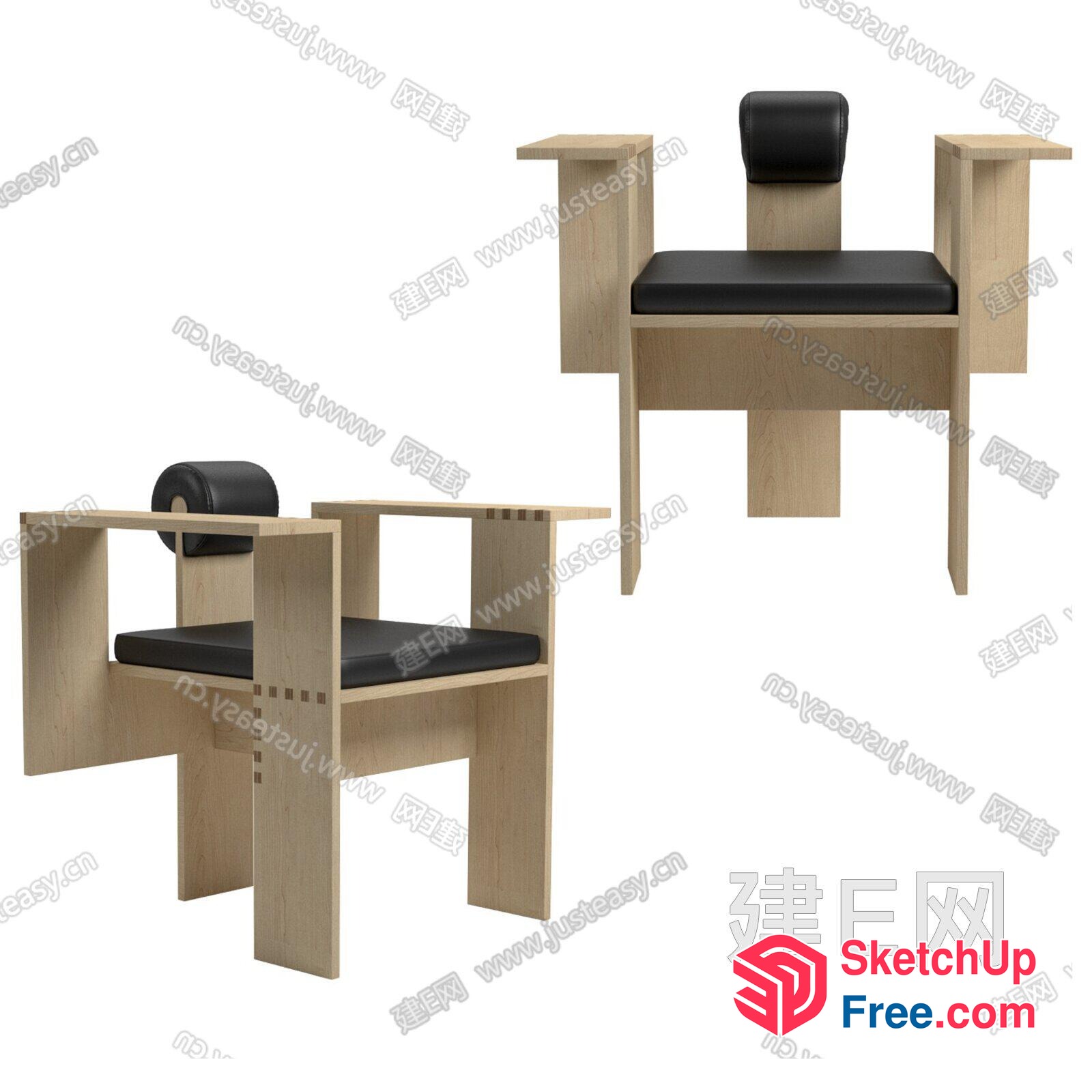 Modern Minimalist Wooden Chair With Black Cushions 3D SketchUp File