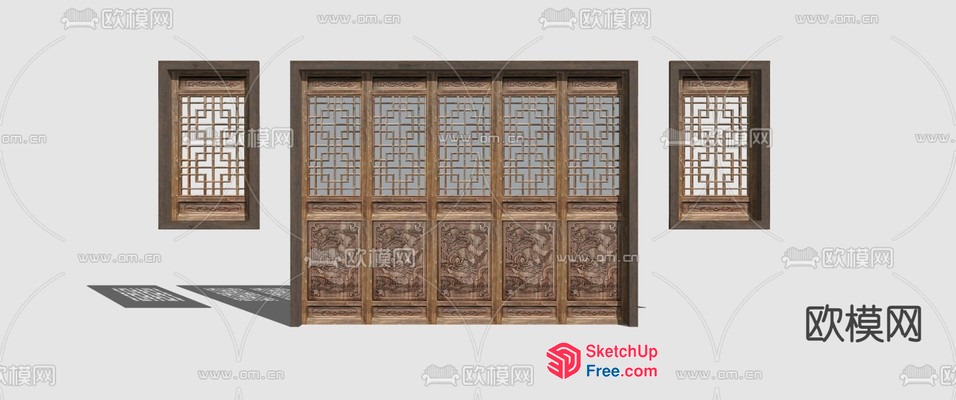 Asian-Inspired Wooden Decorative Window And Door Set 3D SketchUp File