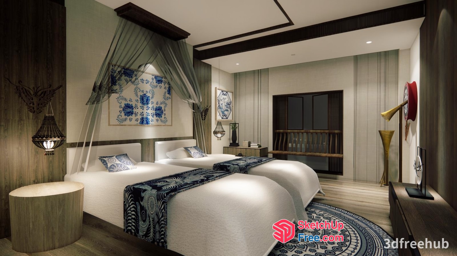 Elegant Homestay Bedroom With White Bedding And Blue Accents 3D SketchUp File