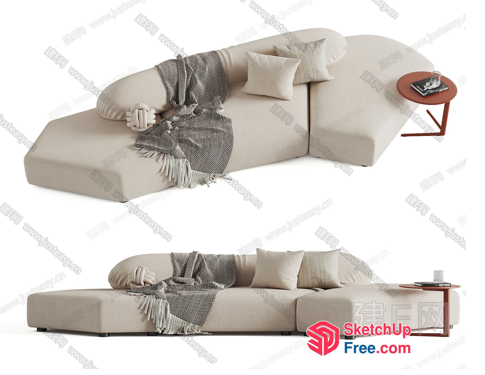 Modern Creamy Style Sofa With Pillows And Blanket 3D SketchUp File